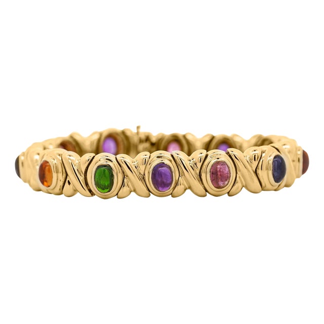 1990s 18k Gold Multi Color Gemstone Vintage Estate X Bezel Bracelet For Sale