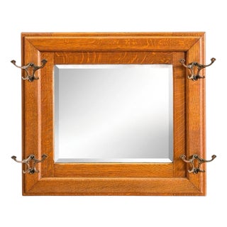 Early 20th Century Arts and Crafts Oak Hall Mirror/Hat Rack For Sale