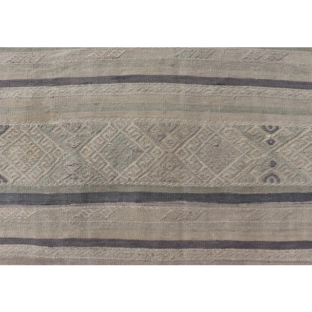 Square Vintage Turkish Embroidered Kilim in Dark Blue, L. Green, Gray, Taupe For Sale In Atlanta - Image 6 of 11