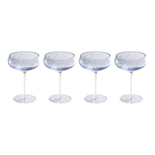 Audrey 4-Piece Set Hand Etched Coupe Glasses, Blue Luster For Sale
