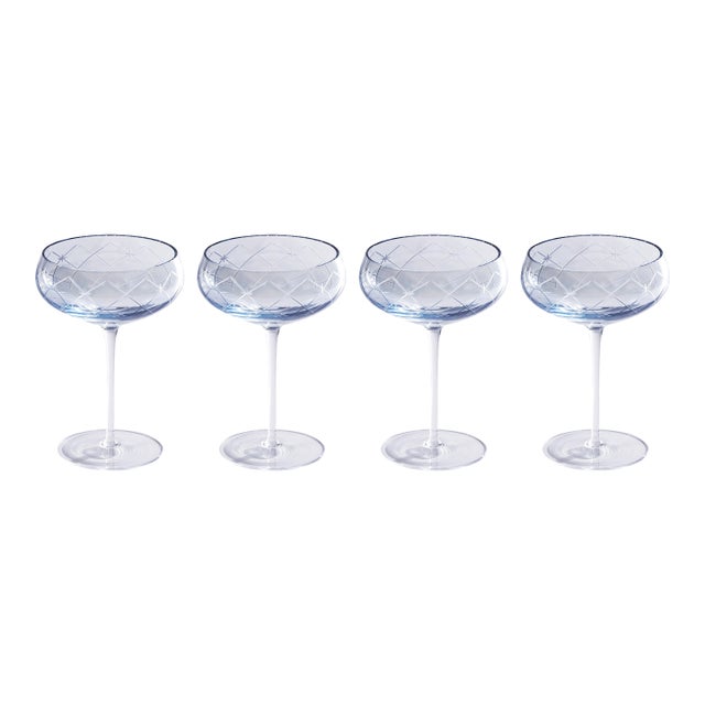 Audrey 4-Piece Set Hand Etched Coupe Glasses, Blue Luster For Sale