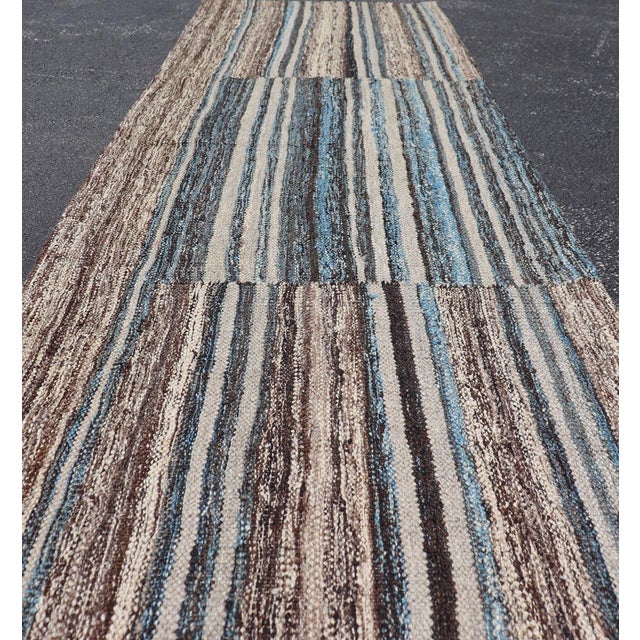 Modern Tribal Kilim Runner in Denim Blue, Brown, and Ivory Striped Design For Sale In Atlanta - Image 6 of 11