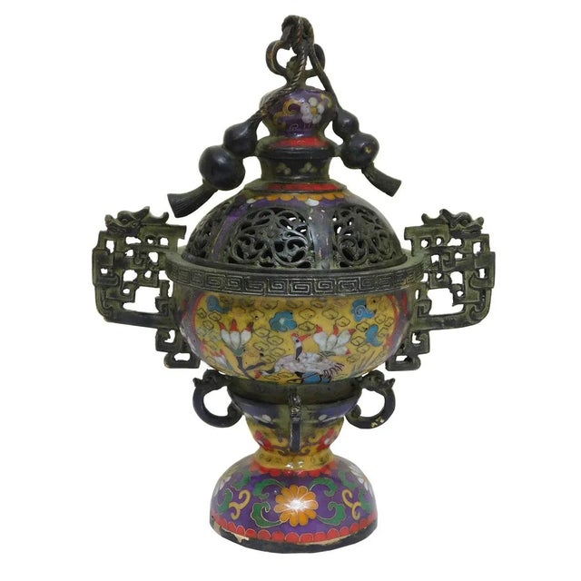 Asian Chinese Metal Blue Enamel Cloisonne Incense Burner Figure For Sale - Image 3 of 5