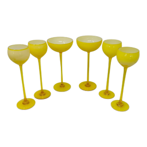 Set of 6 Vintage Carlo Moretti Cased Glassware: 4 Butterscotch Cordial Glasses & 2 Champagne Coupes | Mid-Century Italian Barware