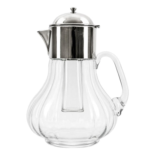 Italian Hand-Blown Glass and Silver-Plated Pitcher with Ice Insert, 1950s For Sale