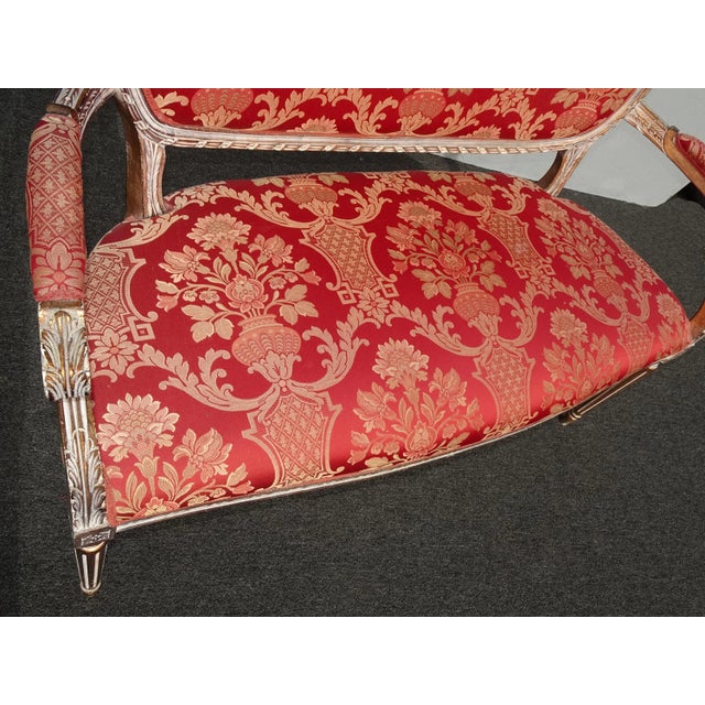 Vintage French Louis XVI Red & Silver Settee and Pair Chairs ~ Set of Three For Sale In Los Angeles - Image 6 of 12
