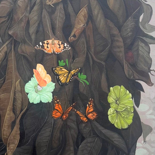 Figurative Still I Rise (1) by Ifeoluwa Alade | Acrylic and glow in the dark medium on canvas Portrait of a girl with flowers and butterflies. For Sale - Image 3 of 5