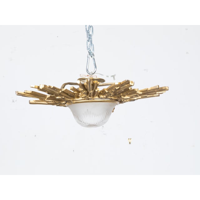 Bronze Pair of Gilt Bronze Midcentury Sunburst Light Fixtures with Frosted Glass For Sale - Image 8 of 12