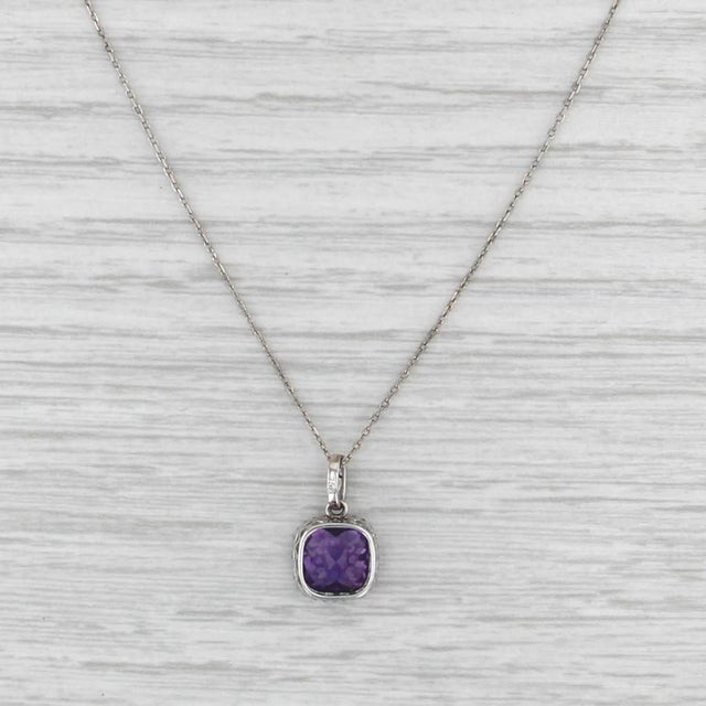 Modern 1.47ctw Amethyst Diamond Halo Pendant Necklace 18k White Gold 16.25" Cable Chain For Sale - Image 3 of 6