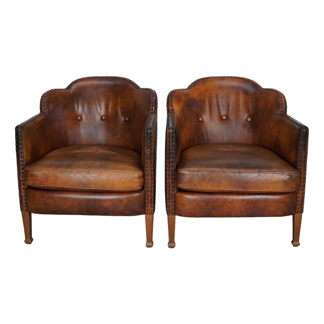 Vintage Dutch Cognac Colored Leather Club Chairs, 1970s, Set of 2 For Sale