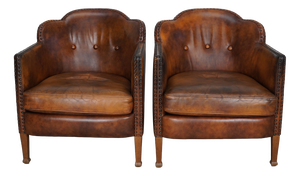 Vintage Dutch Cognac Colored Leather Club Chairs, 1970s, Set of 2