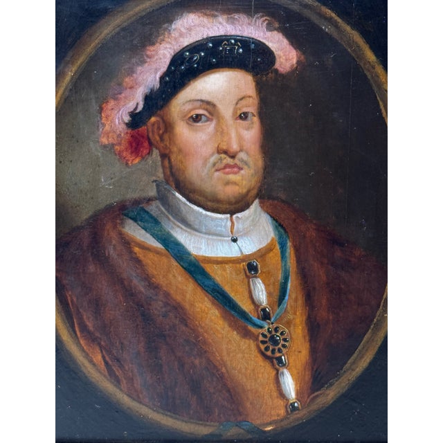Wood Antique English Portrait King Henry VIII Wearing the Badge of the Order of the Garter After Hans Holbein – Oil Painting on Panel, Circa 1750 For Sale - Image 7 of 9