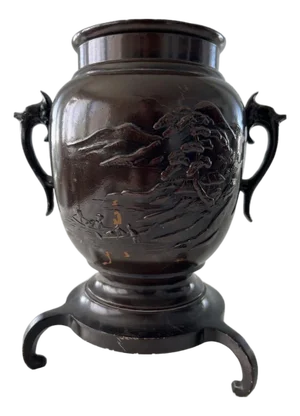 Early 20th Century Heavy 9" Dragon Handle Bronze Finish Vase - Embossed Japanese Style Landscape