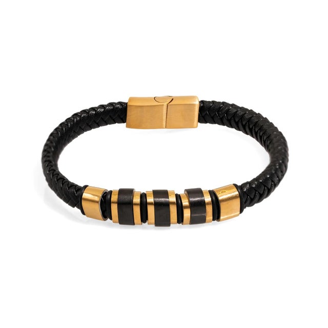 Metal Men's Style Fashion Black Leather & Gold Bracelet For Sale - Image 7 of 7