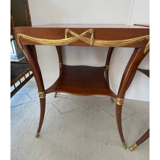 Just in the shop, this pair of Pair of Klismos Leg Side Tables, Tooled Leather & Gilt Wood Swags, two tier side Tables...