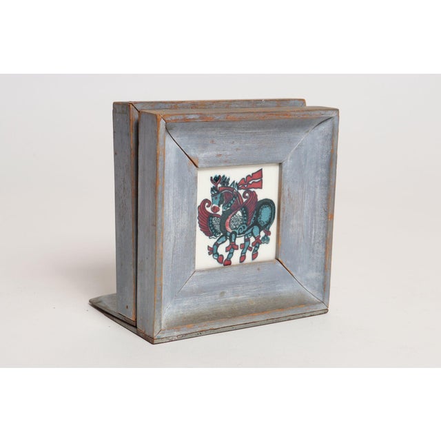 Folk Art Vintage Deco Folk Art Painted Wood and Wheeling Ceramic Tile "Pegasus" Bookend For Sale - Image 3 of 14