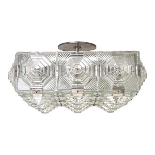 Mid 20th Century Art Deco Revival Geometric Glass Flush Mount /Ceiling Pendant W/ Nickeled Clips For Sale