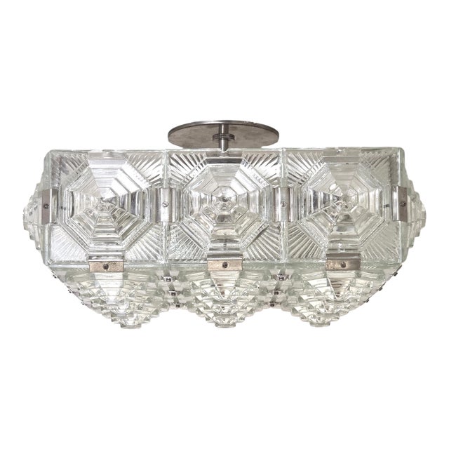Mid 20th Century Art Deco Revival Geometric Glass Flush Mount /Ceiling Pendant W/ Nickeled Clips For Sale