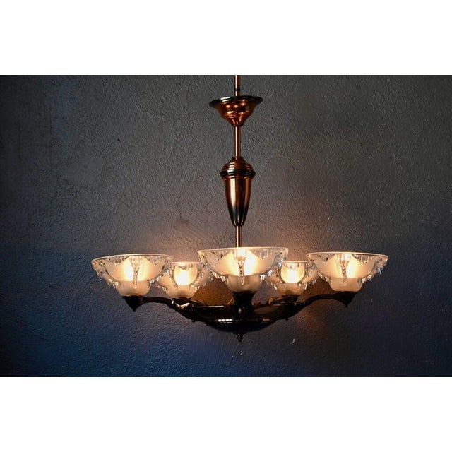 Large Art Deco Chandelier in Gilded Metal and Sandblasted Glass Ezan, France, 1930s For Sale - Image 10 of 18