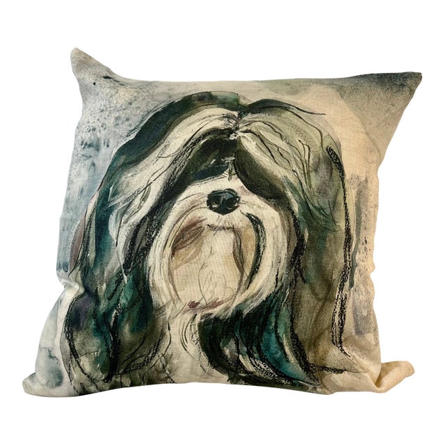 Square Pillow Adorned With a Tibetan Terrier Dog Portrait - Made in the U K For Sale