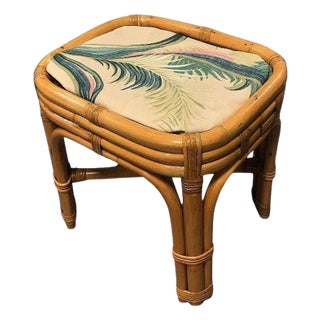 1950s Restored Mid-Century Rattan & Wicker Triple Arched Vanity Stool with Palm Fabric For Sale