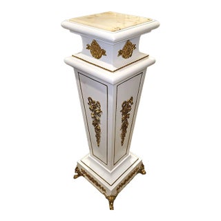 Rococo White Geometric Pedestal – Marble Top Column With Bronze & Gold Leaf Details For Sale