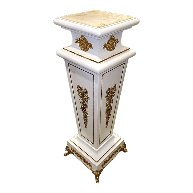 Rococo White Geometric Pedestal – Marble Top Column With Bronze & Gold Leaf Details For Sale