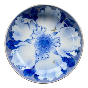 Vintage Japanese Porcelain Bowl With Peony & Butterfly Motif in Cobalt Blue