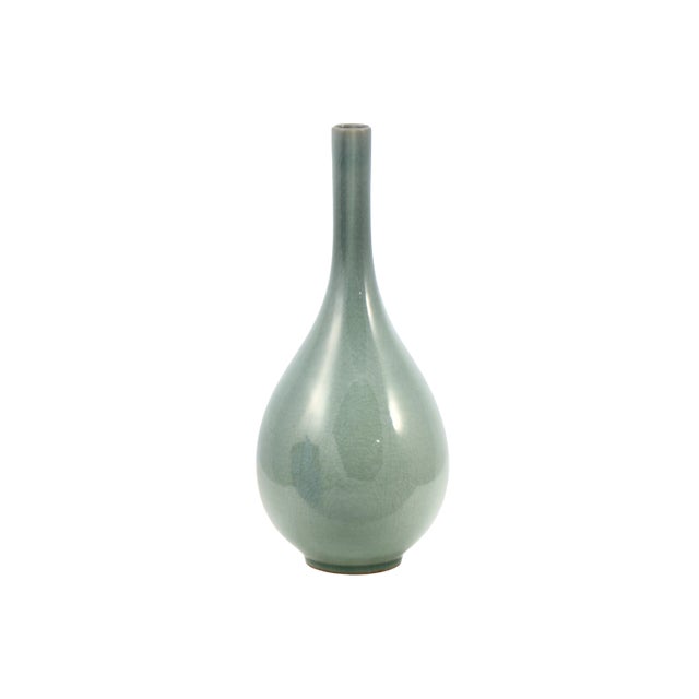 Large 10 inch bulbous gourd shape vintage ceramic vase in a pale celadon jade sage green crackle glaze over a terracotta...