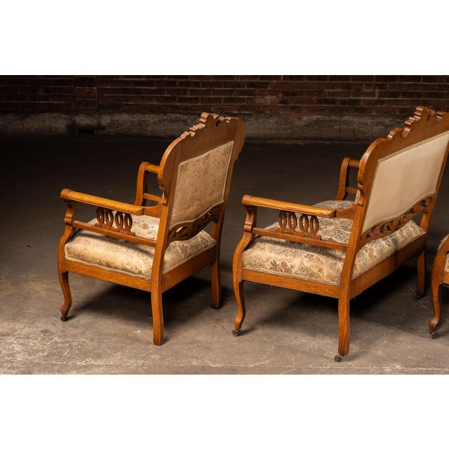Late 19th Century Victorian Eastlake Carved Oak Parlor Suite – 6 Piece Set For Sale - Image 10 of 18