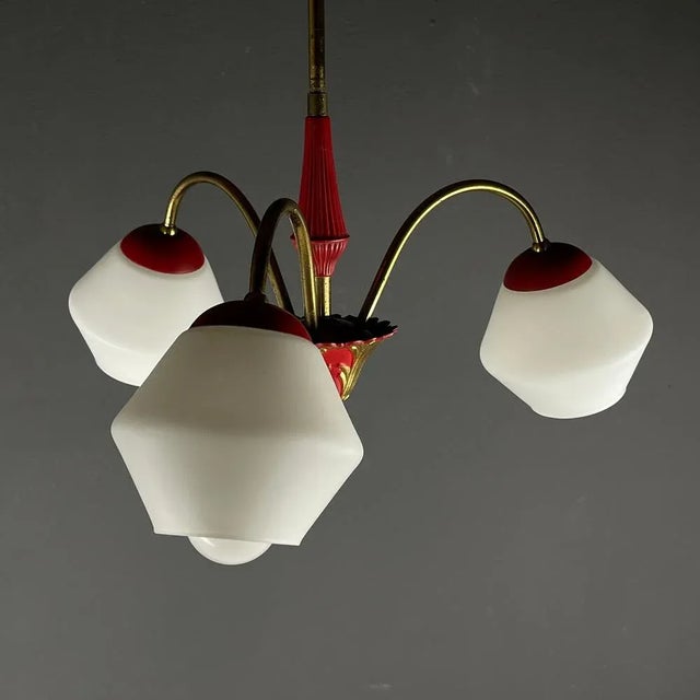 Metal Vintage Italian Brass and Milky Glass 3-Arm Chandelier, 1950s For Sale - Image 7 of 13