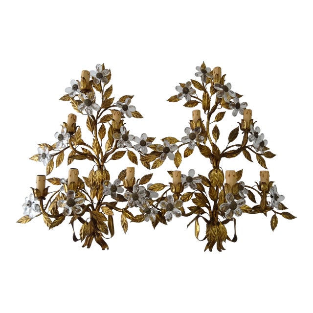 Maison Baguès Style 6 Lights Crystal Flowers Tole Bow Huge Sconces, Circa 1920 For Sale