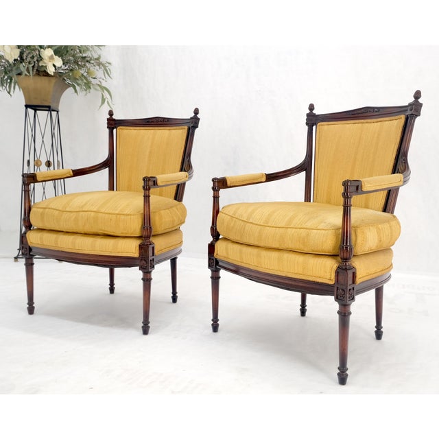 Baker Furniture Company Pair Gold Silk Upholstery Fine Carved Acorn Finials Lounge Fireside Chairs MINT! For Sale - Image 4 of 16