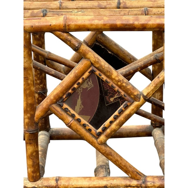 Vintage Scorched Bamboo Glass Top Side Table With Brass Ball and Hand-Painted Details For Sale - Image 4 of 11