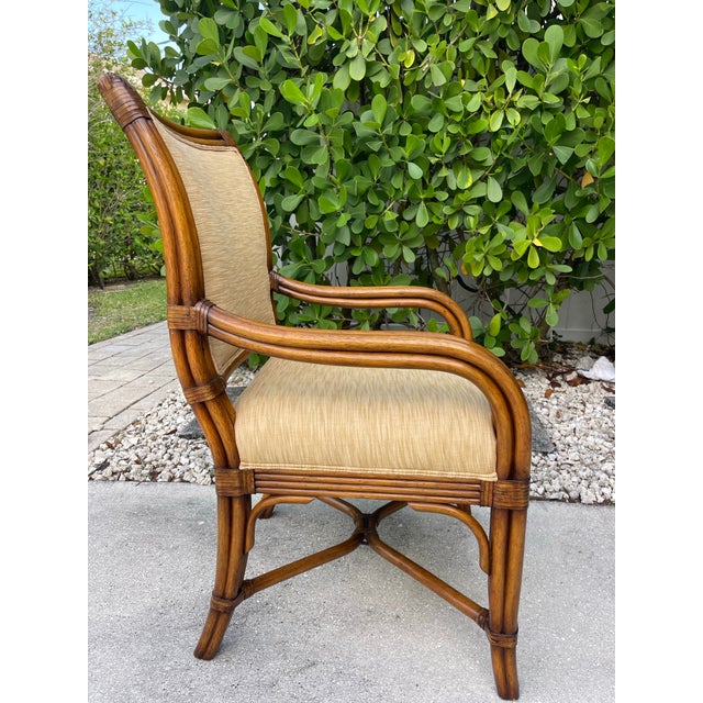 Vintage Organic Modern Rattan Dining Chairs With Arms and Upholstered Seats | Set of 6 For Sale - Image 9 of 10