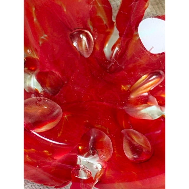 1960s Art Glass Ashtray MCM Red Encased Floral Bubbles Hand Worked Heavy Freeform For Sale - Image 6 of 9