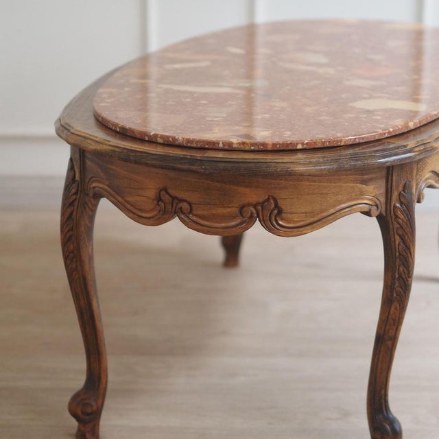 French Coffee Table with Red Marble Top and Curved Wooden Frame For Sale - Image 11 of 13