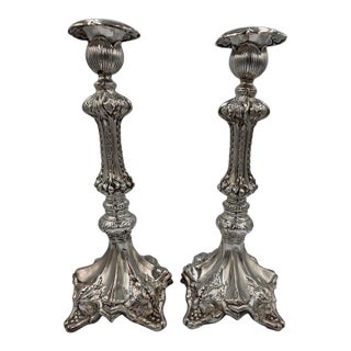 Pair of Baroque Revival Sterling Silver Candlesticks With Figural Tripod Bases For Sale