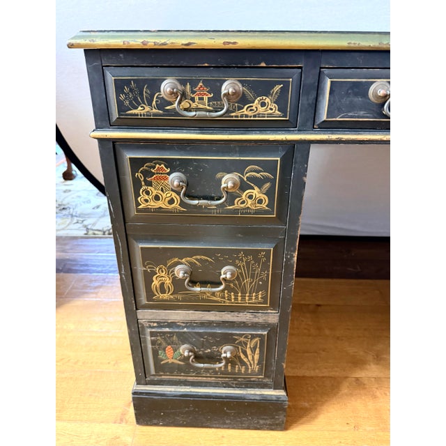 Chinoiserie Ebonized Hand Painted Kneehole Leather Top Desk For Sale - Image 9 of 12