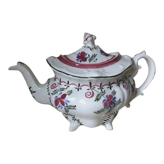 Antique C1840s Staffordshire, English Soft Paste Teapot, Hand Painted For Sale