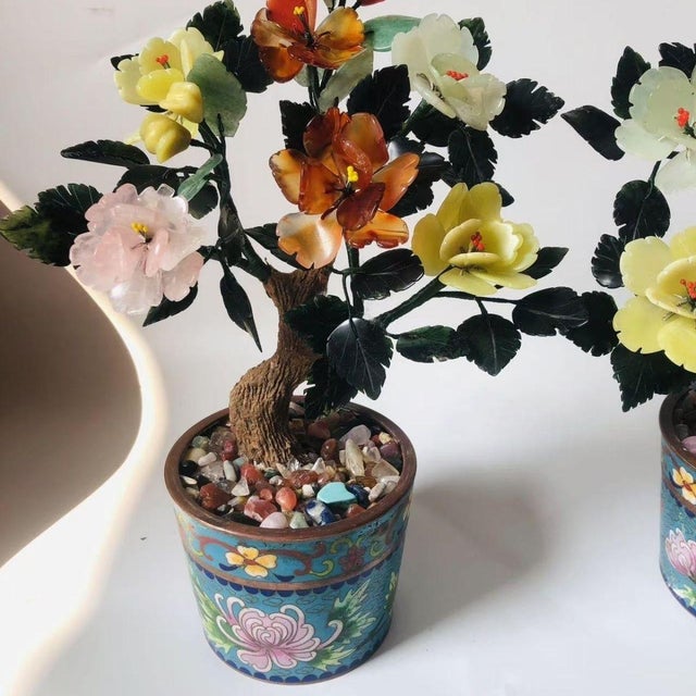 Jade Pair of Vintage Gemstone & Cloisonné Enamel Bonsai Trees – Jade, Agate & Crystal Flowers For Sale - Image 8 of 9
