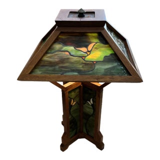 Vintage Art and Glass Oak and Stained Table Lamp For Sale