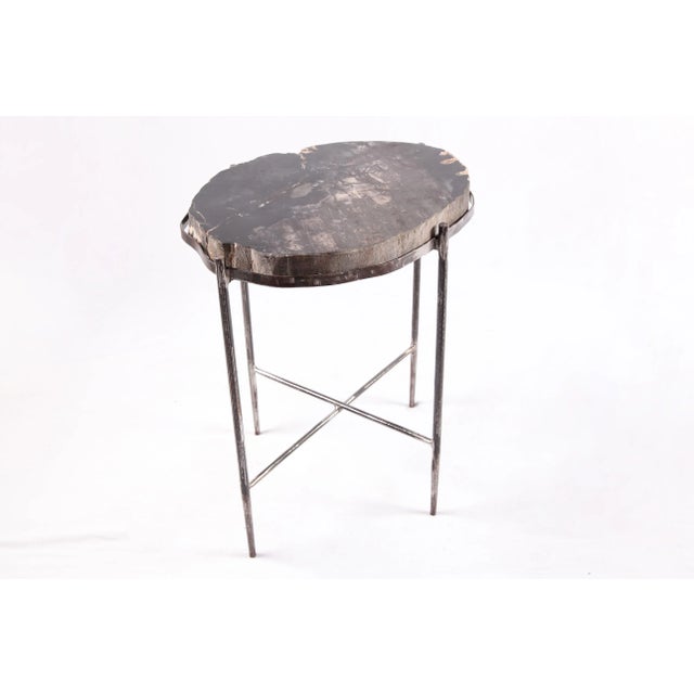 Living Edge Petrified Wood Top W Iron Stand Accent Table or Side Table 48 For Sale - Image 4 of 5