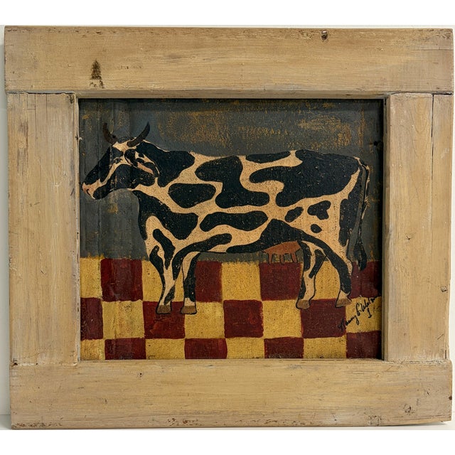 Wood Nancy G. Watson Folk Art Cow Painting – Signed Original on Tin in Wood Frame For Sale - Image 7 of 12