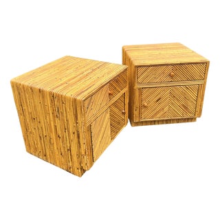 Vintage Rattan Wicker Wrapped Nightstands in Pencil Reed Gabrielle Crespi Styles For Sale