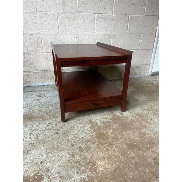 Mid Century Oiled Walnut Two Tier one Drawer Curved Edge Side End Table Well constructed and nice and sturdy Approximate...