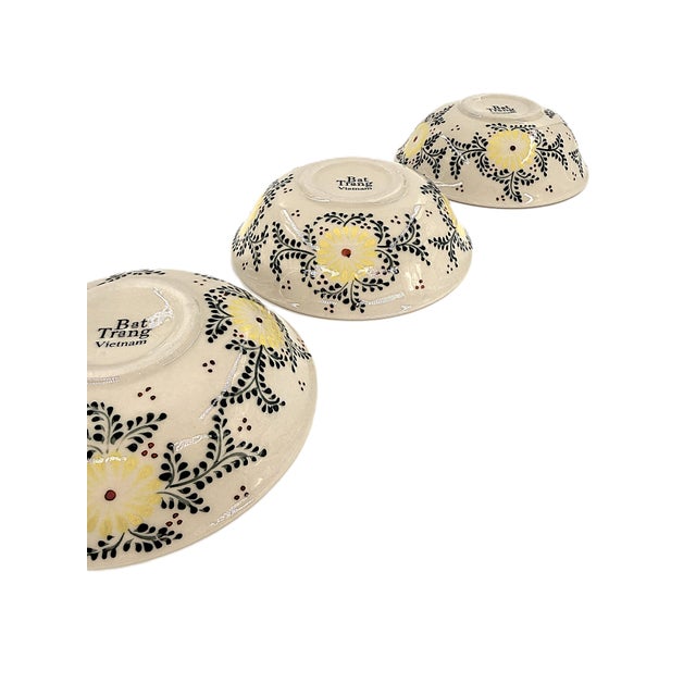 Asian Modern Bat Trang Vietnam Multipurpose Ceramic Bowls Hand Painted in Yellow Floral Motif - Set of 6 For Sale In New York - Image 6 of 8