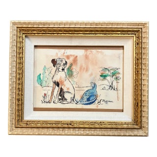 1970’s Original Ink Drawing/Watercolor Dog With Fowl Painting Signed Vintage Frame For Sale