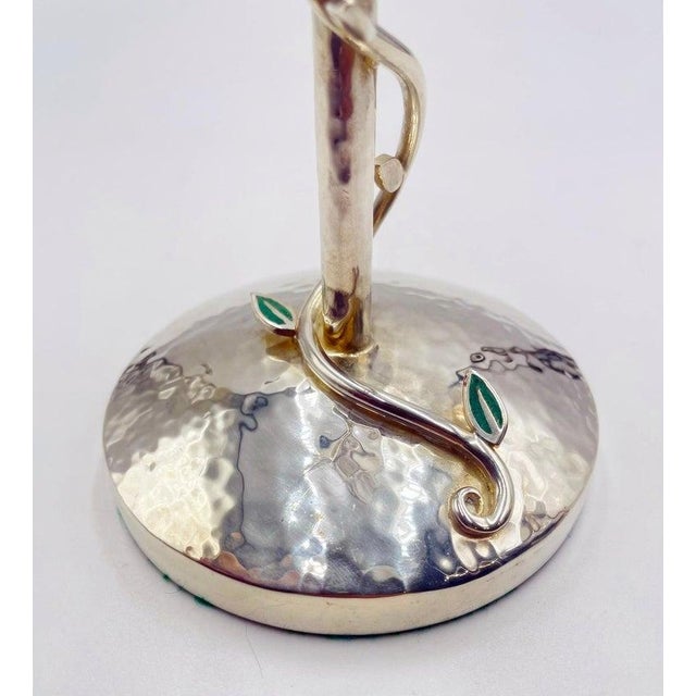 Silver Pair of Emilia Castillo Silver-Plated Candlesticks With Emerald Stone Inlay For Sale - Image 8 of 18