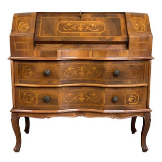 Vintage Walnut Inlaid Secretaire Drop-Leaf Cabinet with Two Drawers from Artigianato Italiano, 1960s For Sale